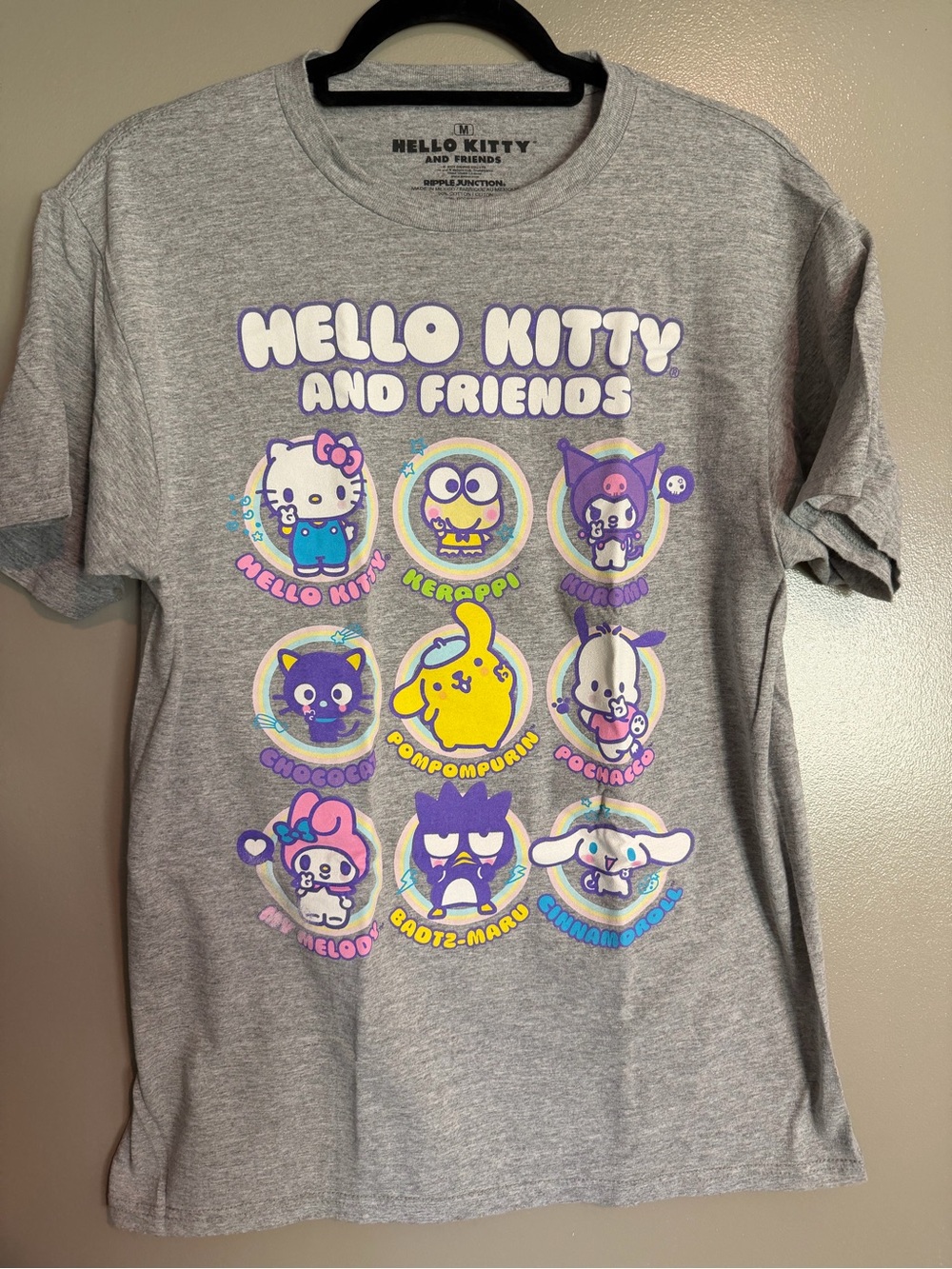 Hello Kitty Gray Tee with Purple and White Bubble Letters